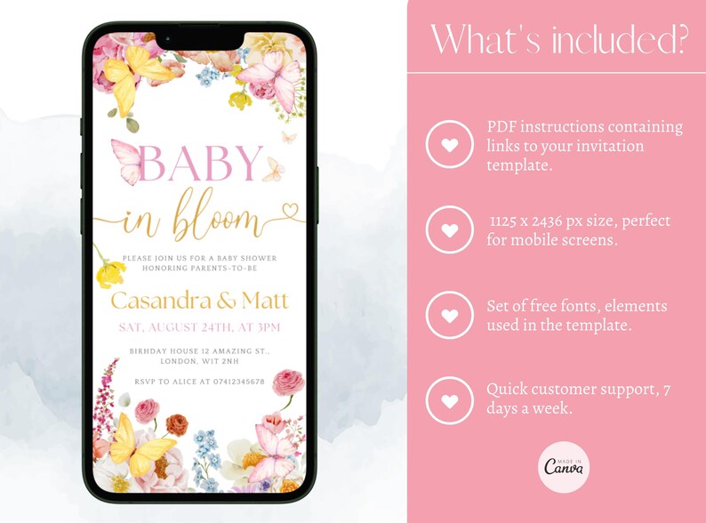 K&ouml;nnte beinhalten: Ein Smartphone zeigt eine Babyparty-Einladung mit floralen und Schmetterlingsillustrationen. Der Einladungstext lautet "Baby in Bloom" mit Veranstaltungsdetails. Das Design umfasst rosa, gelbe und wei&szlig;e Blumen.