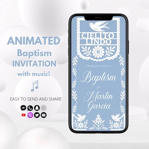 Dusty Blue Cielito Lindo Baptism Invitation for Boy | Mexican Bautizo Editable Template | Talavera Papel Picado Digital Invite
