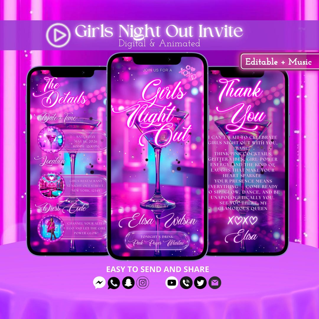 Y2K Pink Glam Girls Night Out Invitation | Neon Party Video Invite ...