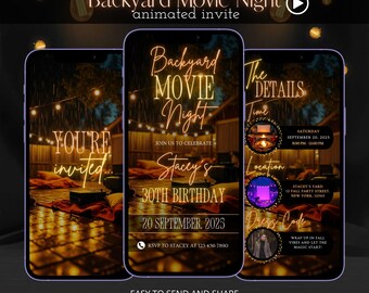 Invitación de cumpleaños editable para una noche de cine en el patio, video de fiesta de cine al aire libre animado, plantilla de cumpleaños de cine digital