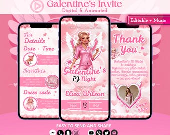 Pink Galentines Pyjama-Nachtseinladung, Mädchen-PJ-Party-Video einladen, Glam-Slumber-Party, niedliche Sleepover-Gentines-Canva-Vorlage