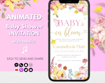 Baby in Bloom Invite – Wildflower Girl Baby Shower Invitation Template, Spring Floral Digital Editable Invitation, Animated Butterfly Shower