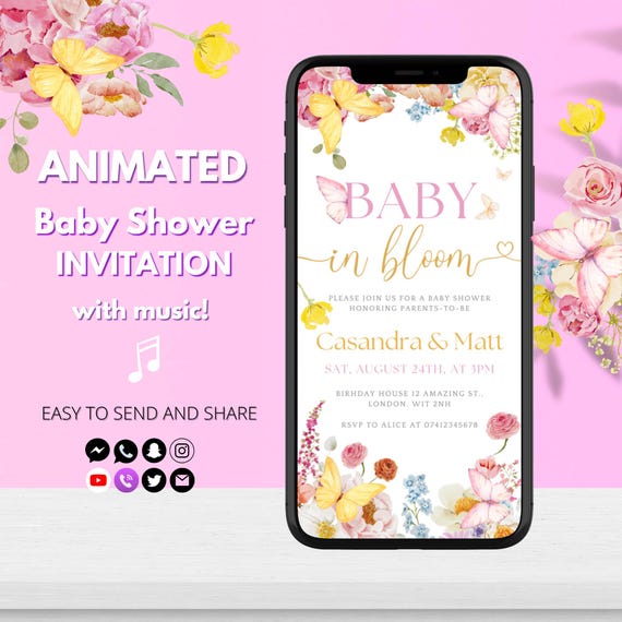 Baby in Bloom Invite – Wildflower Girl Baby Shower Invitation Template, Spring Floral Digital Editable Invitation, Animated Butterfly Shower