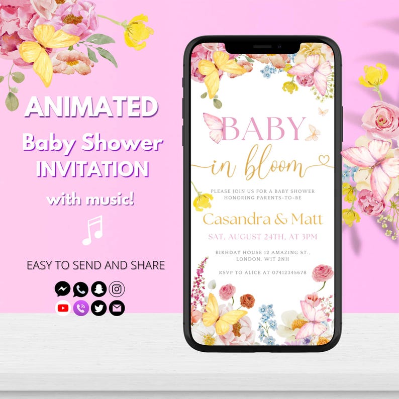 K&ouml;nnte beinhalten: Ein Smartphone zeigt eine Babyparty-Einladung mit Blumen- und Schmetterlingsgrafiken. Die Einladung lautet "Baby in Bloom" und enth&auml;lt Veranstaltungsdetails. Auf dem Bildschirm steht "Animierte Babyparty-Einladung mit Musik!" und "Einfach zu senden und zu teilen."