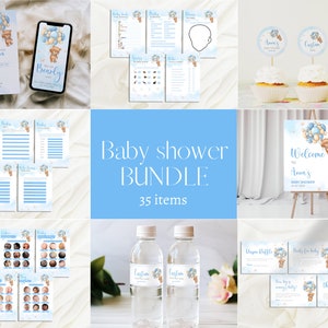 We Can Bearly Wait Baby Shower Bundle | Editable Bear Balloon Baby Shower Games Pack| Blue Bear with Balloons Baby Shower