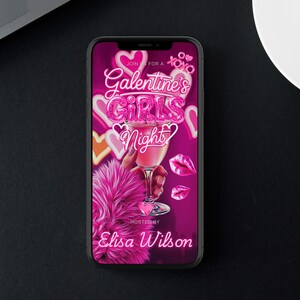 K&ouml;nnte beinhalten: Ein Smartphone zeigt eine lebendige Galentine's Girls Night-Einladung. Das Design zeigt rosa Herzen, Lippen und ein Cocktailglas. Der Text lautet "Join us for a Galentine's Girls Night" und "Hosted by Elisa Wilson."