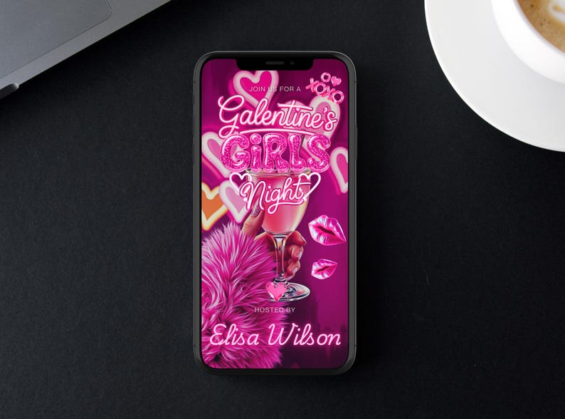 K&ouml;nnte beinhalten: Ein Smartphone zeigt eine lebendige Galentine's Girls Night-Einladung. Das Design zeigt rosa Herzen, Lippen und ein Cocktailglas. Der Text lautet "Join us for a Galentine's Girls Night" und "Hosted by Elisa Wilson."