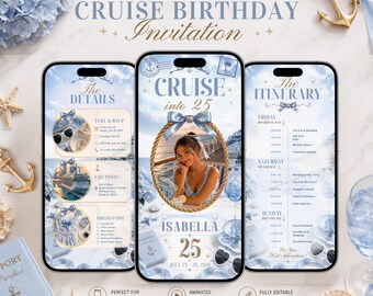 Cruise Into 25 Birthday Invitation Template, Coastal Chic Birthday Invite, Editable Canva Mobile Invite, Girls Cruise Party