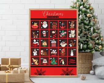 Editable Christmas Countdown, 25 days till Christmas, Printable Colorful Christmas Advent Calendar, Red Christmas Calendar