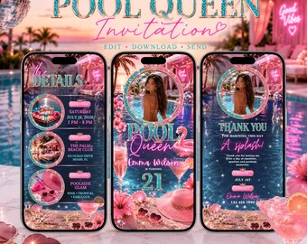 Pool Party Birthday Invitation Template, Pool Queen Birthday Invite, Editable Canva Mobile Invitation, Summer Pool Party