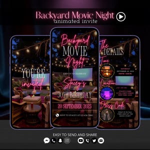 Backyard Movie Night Birthday Invitation, Animated Girls Movie Night Party Video Invite, Editable Outdoor Cinema Birthday Template