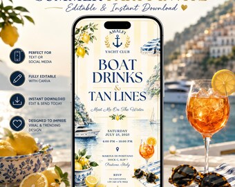Boat Drinks & Tan Lines Invitation, Yacht Party Invite Template, Boat Party Invitation, Coastal Summer Party Invite, Editable Canva Invite