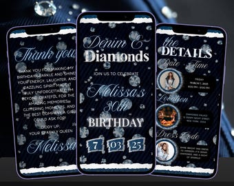 Denim Diamond Party Invitation | Diamonds Birthday Invitation Template | Denim Party Digital Invite | Blue Jean Invites