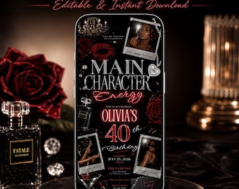 Luxury 40th Birthday Invitation, Femme Fatale Birthday Party, Dark Feminine Invite, Red Black Canva Template