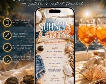 Sunsets & Spritzes Invitation, Aperol Spritz Party Invite, Boat Party Invitation Template, Yacht Party Invite, Summer Canva Invitation