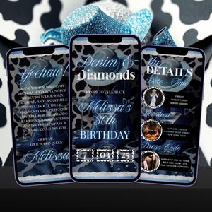 Denim and Diamonds Invitation, Blue Jeans Bling Template, Editable Glam Birthday Invite, Animated Cowgirl Birthday Invitation Template