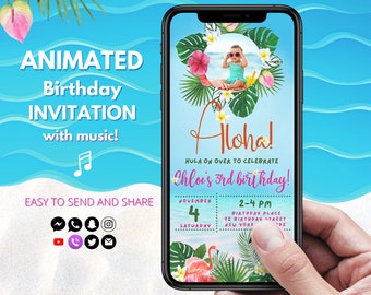 Animated Hawaii Birthday Invitation Template Tropical Beach Birthday Invitation Digital Hawaiian Girl Birthday Invite Text Evite