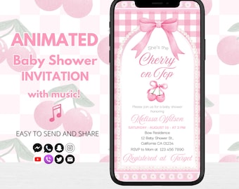 Cherry on Top Baby Shower Invitation, Pink Bow, Coquette Theme (Digital Template)