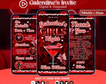 Animierte Galentine's Day Einladung | Digitale Girls Night Party Vorlage | Bearbeitbares Valentine Cocktail Design | Zauberrot