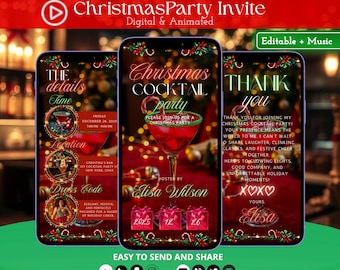 May include: Digital Christmas party invitation on three smartphones. The invitation features festive graphics, including a cocktail, gift boxes, and holiday decorations. Text includes party details, a thank you message, and the host's name.