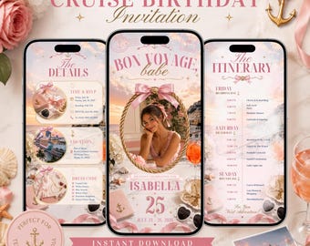 Bon Voyage Babe Birthday Invitation, Cruise Birthday Invite Template, Editable Canva Mobile Invitation, Girls Trip Cruise Party