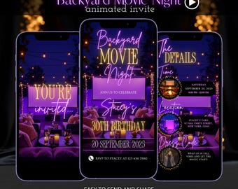 Invitación animada para una noche de cine en el patio, video de fiesta de cine al aire libre, plantilla editable para cumpleaños, descarga instantánea