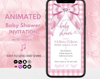 Pink Bow Baby Shower Invitation, Animated Girl Evite (Digital)