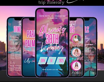 Miami Weekend Invitation, Animated Miami Birthday Party Itinerary, Digital Girls Trip Schedule, Editable Event Invite Template
