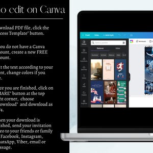 May include: A laptop screen displays the Canva interface with a tutorial on editing templates. Text instructions on a black background explain how to download and edit a PDF file, create a free account, and share the finished product.