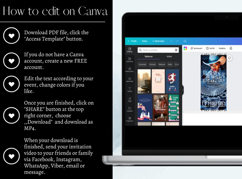 May include: A laptop screen displays the Canva interface with a tutorial on editing templates. Text instructions on a black background explain how to download and edit a PDF file, create a free account, and share the finished product.
