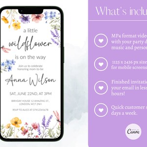Puede incluir: Una invitaci&oacute;n digital para un baby shower con un dise&ntilde;o floral de acuarela. El texto dice "a little wildflower is on the way" e incluye el nombre "Anna Wilson". La invitaci&oacute;n incluye la fecha, la hora y la ubicaci&oacute;n del evento.