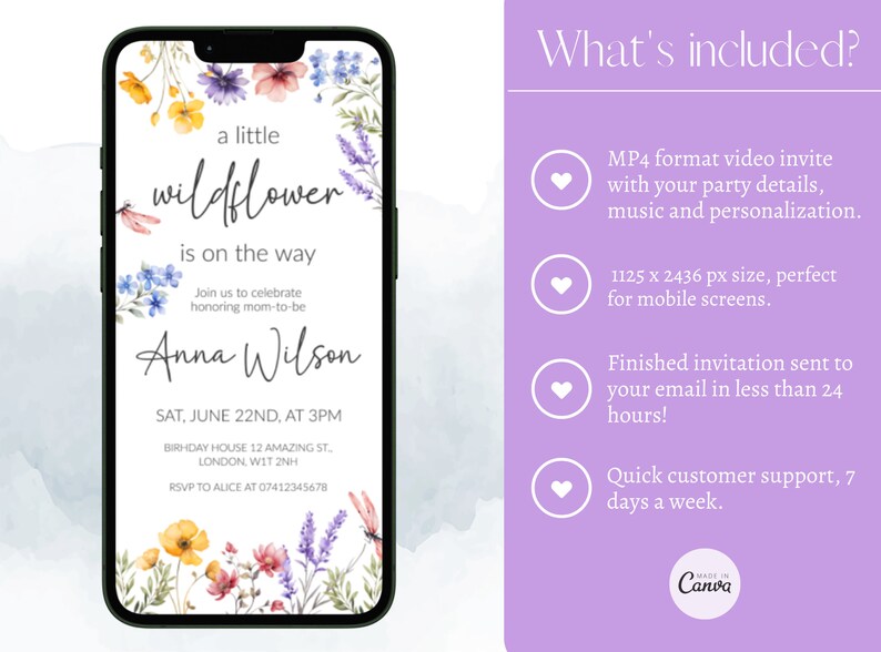 Puede incluir: Una invitaci&oacute;n digital para un baby shower con un dise&ntilde;o floral de acuarela. El texto dice "a little wildflower is on the way" e incluye el nombre "Anna Wilson". La invitaci&oacute;n incluye la fecha, la hora y la ubicaci&oacute;n del evento.