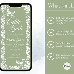 May include: A baby shower invitation on a smartphone screen. The design features the words "Cielito Lindo" in elegant script, surrounded by a white floral border and a dove. The invitation includes the name "Martin Garcia" and event details.
