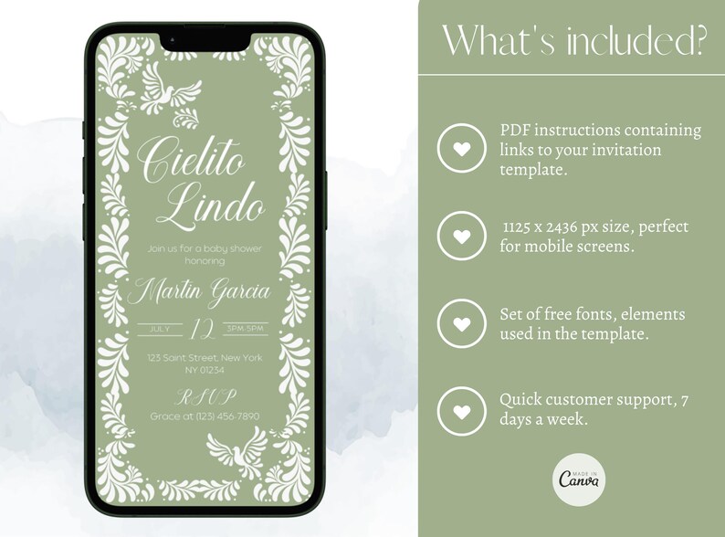 May include: A baby shower invitation on a smartphone screen. The design features the words "Cielito Lindo" in elegant script, surrounded by a white floral border and a dove. The invitation includes the name "Martin Garcia" and event details.