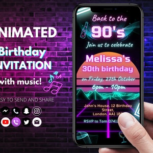 90s Birthday Invitation Digital Animated Neon Back to the 90s Party Invite Retro Party Text Message Evite with music