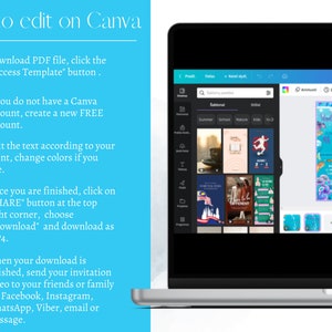 May include: A laptop screen showing a Canva design template for an under the sea birthday invitation. The template is blue and green with a cartoon fish and bubbles. The screen also shows a menu of other templates, including summer, school, nature, kids, and video.