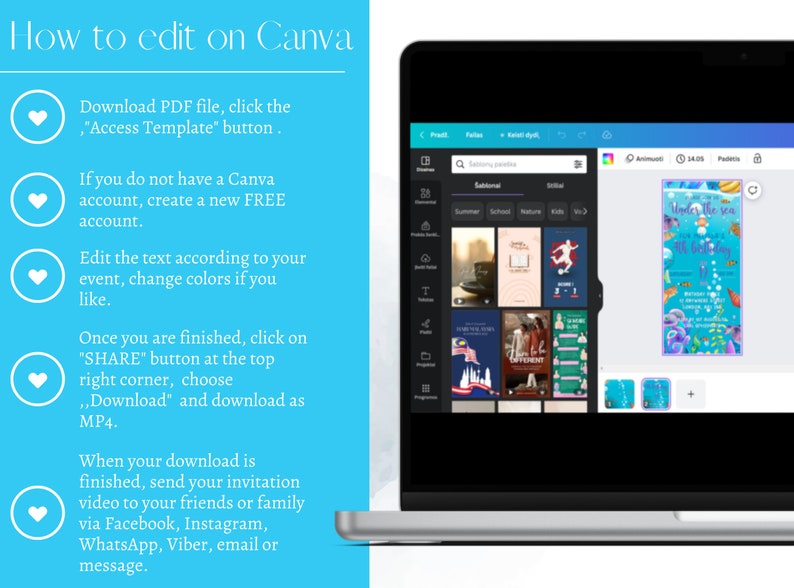 May include: A laptop screen showing a Canva design template for an under the sea birthday invitation. The template is blue and green with a cartoon fish and bubbles. The screen also shows a menu of other templates, including summer, school, nature, kids, and video.