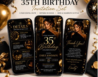 35th Birthday Video Invitation, Black Gold Elegant Dinner Invite (Digital)
