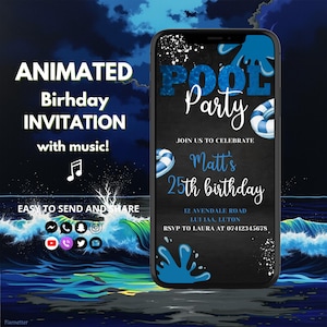 Animated Pool Party Birthday Invite Boy, Black Splash Pool Party Invitation, Editable Summer Party Evite with music