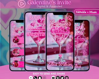 2026 Galentine’s Day Video Invitation, Pink Sparkle Girls Night Evite, Editable Canva Template, Digital Animated Invite