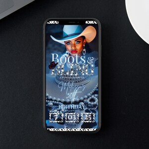 May include: A smartphone displays a digital invitation with the text "Boots & Bling" and "Melissa's 50th Birthday." The image features a woman wearing a cowboy hat and jewelry. The date is displayed as 7/03/25.