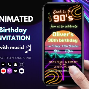 90s Birthday Invitation Animated Back To The 90s Invitation Template Neon 30th 40th Birthday Party Text Evite 90s Party Invitation Digital