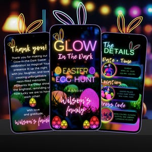 Może przedstawiać: Zaproszenie na polowanie na jajka wielkanocne w świetle ultrafioletowym, z neonowym różowym, zielonym i żółtym tekstem "Glow in the Dark Easter Egg Hunt" i "Hosted by Wilson's Family".