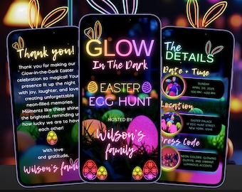 May include: A neon pink, green, and yellow glow-in-the-dark Easter egg hunt invitation with the text "Glow in the Dark Easter Egg Hunt" and "Hosted by Wilson's Family".