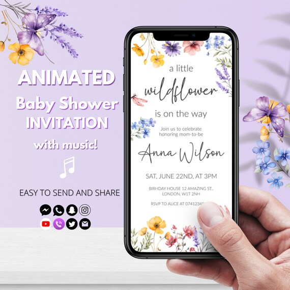 Wildflower Baby Shower Invitation | Floral Baby Shower Video Invitation with butterflies | Girl Baby Shower Spring Invite