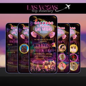 Invitación de cumpleaños a Las Vegas, invitación en video a Las Vegas, invitación digital para el fin de semana de cumpleaños a Las Vegas, plantilla de itinerario de despedida de soltera a Las Vegas