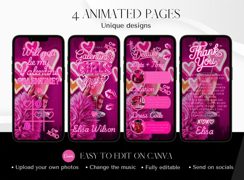 K&ouml;nnte beinhalten: Vier animierte Telefonbildschirme mit einzigartigen Designs f&uuml;r eine Galentine's Girls Night-Veranstaltung. Die Bildschirme sind in Rosat&ouml;nen gehalten und zeigen Text, Herzen und Cocktailgl&auml;ser. Der Text enth&auml;lt "Willst du mein Valentinstag sein?" und "Danke."