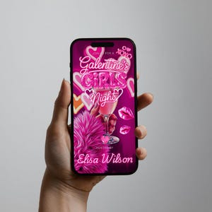 K&ouml;nnte beinhalten: Ein Smartphone zeigt eine lebendige rosa Grafik f&uuml;r eine Galentine's Girls Night-Veranstaltung. Das Design umfasst einen Cocktail, Herzen und den Text "Galentine's Girls Night". Veranstaltet von Elisa Wilson.