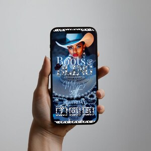 May include: A smartphone displays a digital invitation with the text "Boots & Bling" and "Melissa's 50th Birthday." The design features a woman in a cowboy hat, pearls, and a date: 07/03/25. The phone has a black and white patterned border.