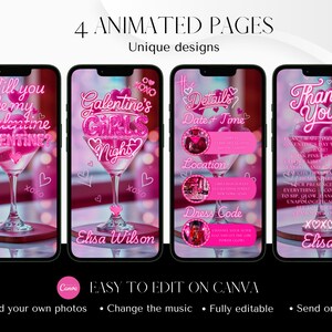 Op de afbeelding: Vier geanimeerde telefoonschermen met roze cocktailontwerpen voor Valentijnsdag- of Galentine-evenementen. Elk scherm bevat tekst als "Wil je mijn Valentijn zijn?" en "Galentine's Girls Night". Het ontwerp bevat harten en de tekst "Gemakkelijk te bewerken op Canva."
